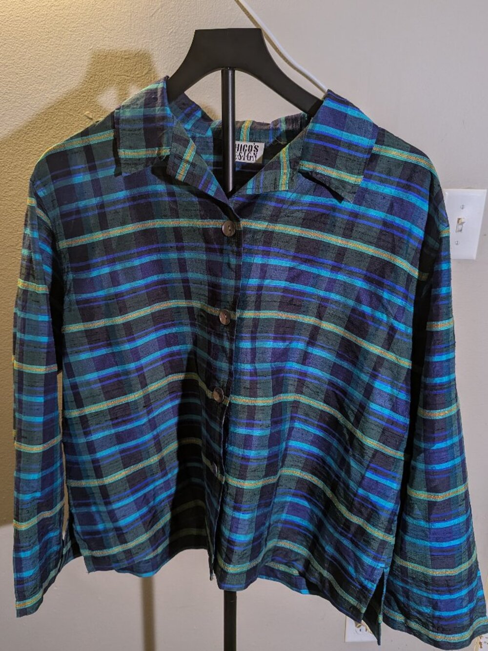 Chico's Design Blue & Green Striped Long Sleeve Button Down Shirt